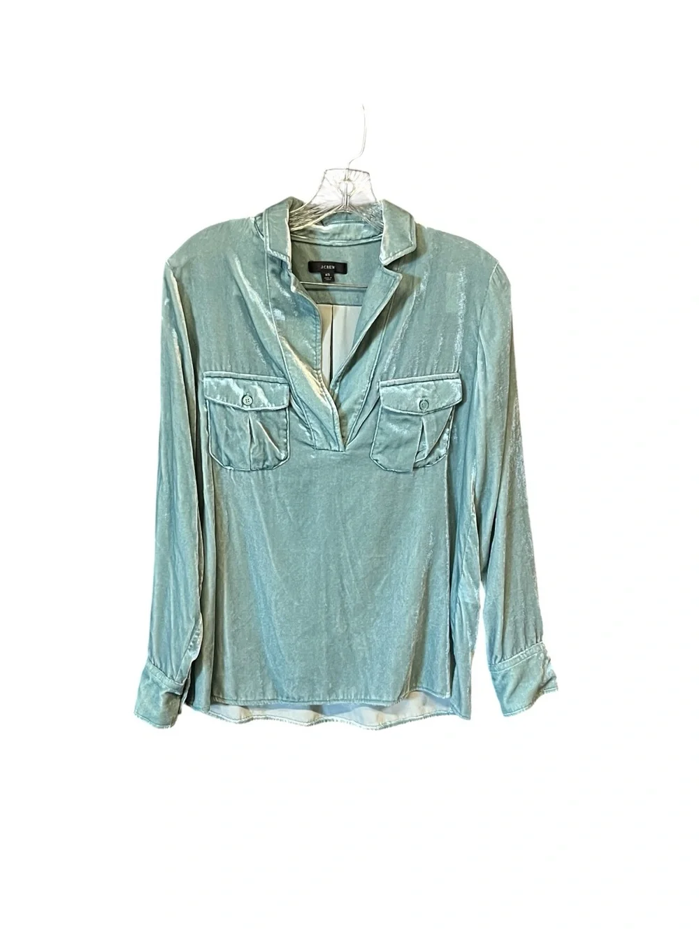J.Crew Metallic Aqua Popover Blouse XS Long Sleeve Shimmer Career Party Top